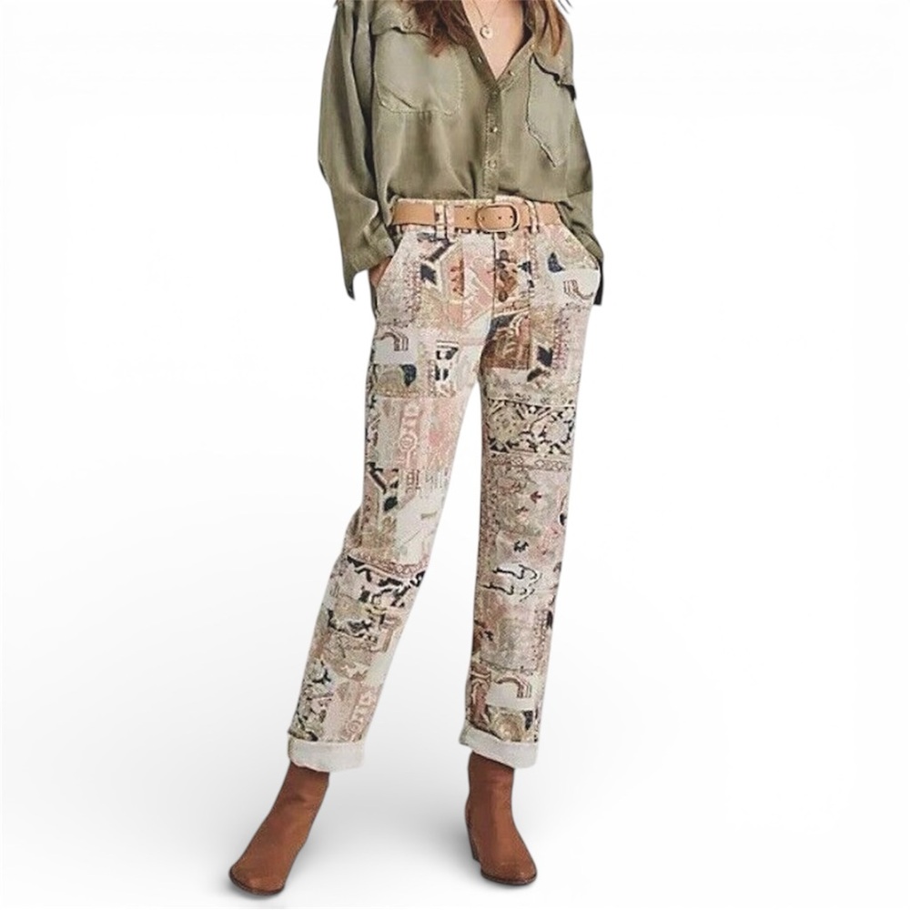 BY ANTHROPOLOGIE Wanderer Tapestry Rug Print Straight Leg Pants Artsy Boho Sz 27